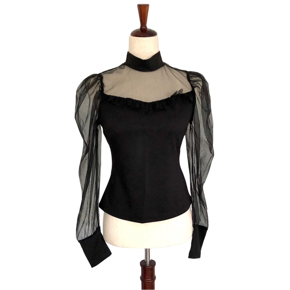 SHEIN Women’s Long Sleeve Mixed Material High Neck Ruffle Blouse, Black Small